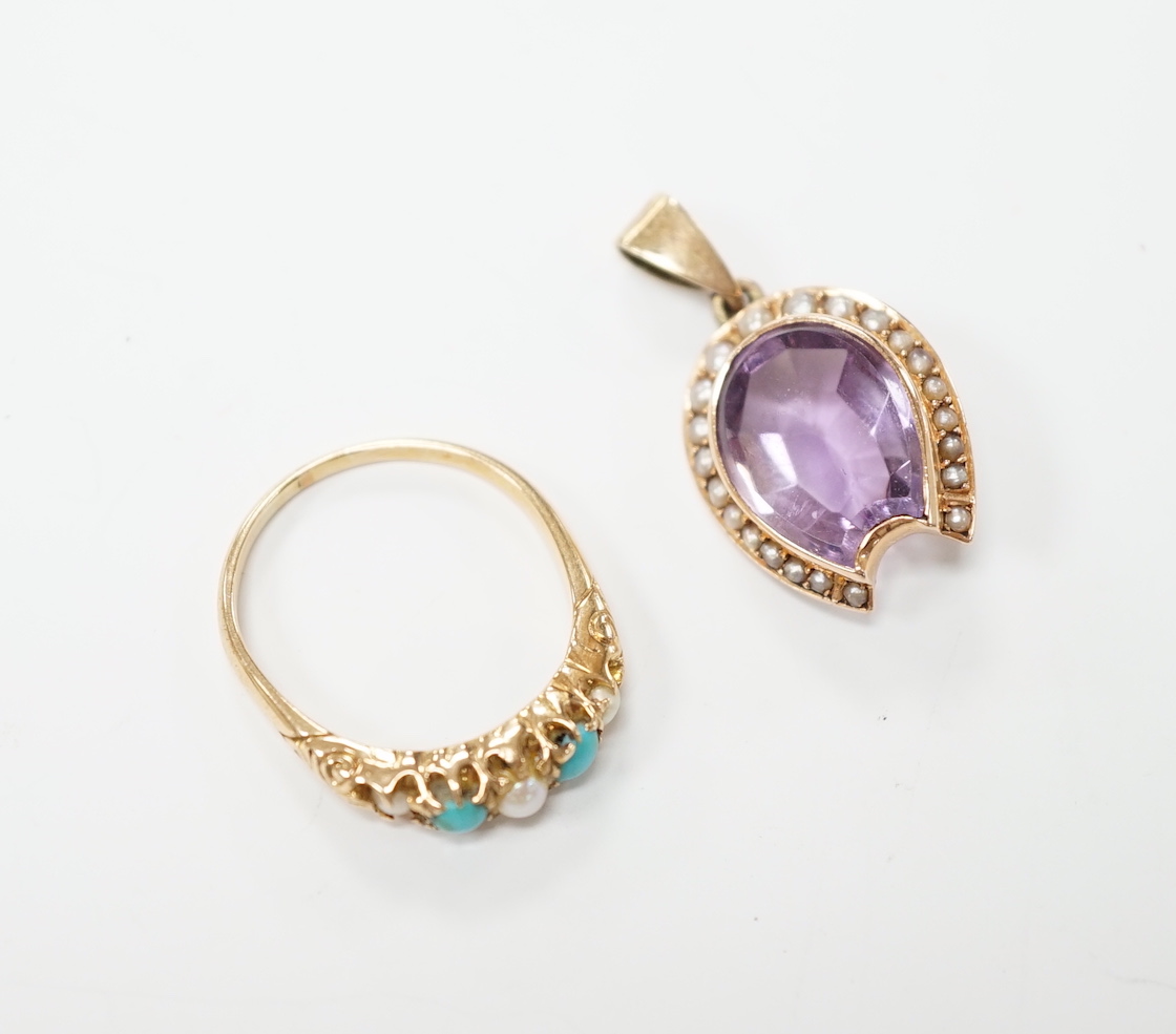 An early 20th century yellow metal and graduated split pearl and turquoise set half hoop ring, size M together with a yellow metal and amethyst set pendant, gross weight 5.6 grams.